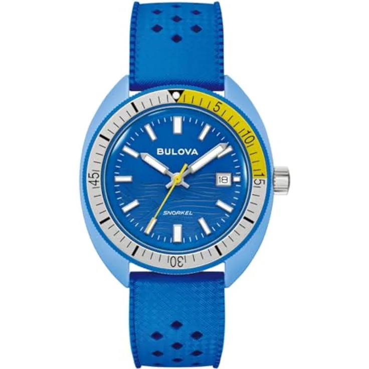 Bulova Quarz Herrenuhr Snorkel Blau 98B445, Gummiarmband mit Dornschließe, keramisches Gehäuse, Kalenderfunktion