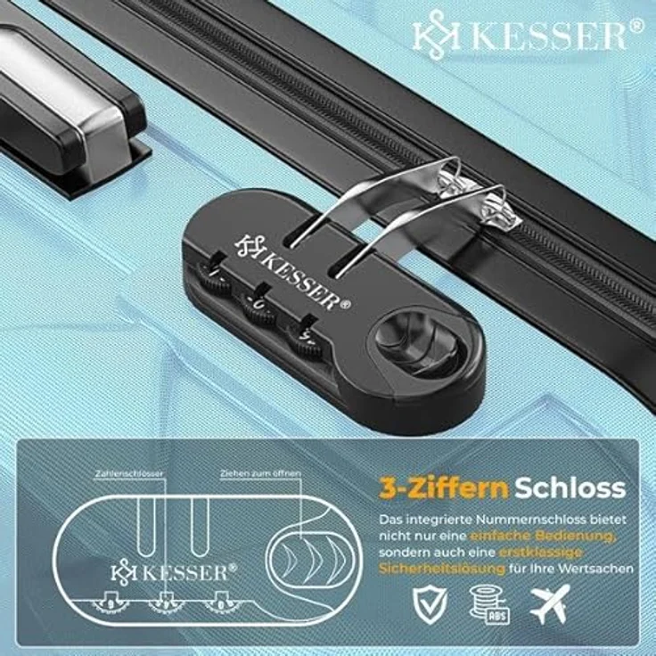 KESSER® Reisekoffer 55L ABS Hartschalenkoffer mit Zahlenschloss, Kofferwaage, Reisebrieftasche, 360° Rollen und Teleskopstange, Schwarz – Bild 3