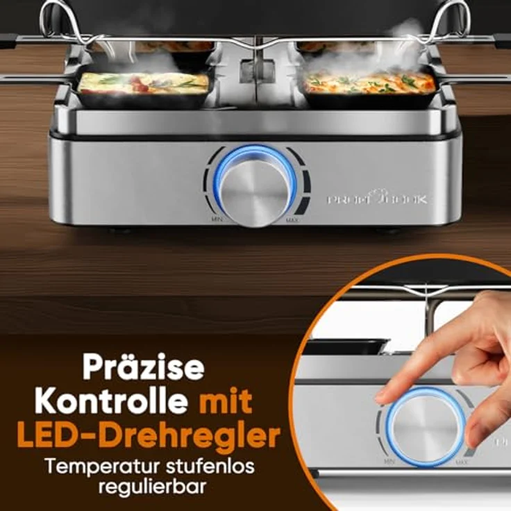ProfiCook® Raclette PC RG 1301, Raclette-Grill für 4 Personen mit 4 Pfännchen, Wendegussplatte, stufenlos regelbarem Thermostat und 800 Watt Leistung – Bild 5