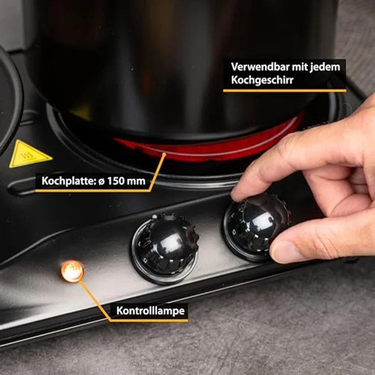 TZS First Austria Infrarot Keramik-Herdplatte doppelt | ALLE Topfarten | Doppelkochplatte 19cm / 16,5cm | Kochfeld für Umzug, Camping, Ferienwohnung - schnelles Aufheizen & stufenlose Einstellung – Bild 5