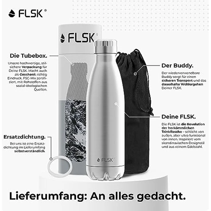FLSK Das Original New Edition Edelstahl Trinkflasche – Kohlensäure geeignet 18 Stunden heiß, 24 Stunden kalt, 0,5l, silber – Bild 7