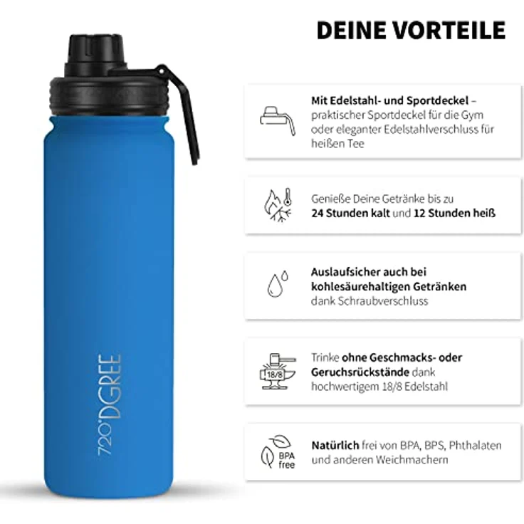 Trinkflasche Doppelwandig Edelstahl 950ml Isolierflasche m. Gratis Sportdeckel 720 DGREE noLimit ocean blue – Bild 2