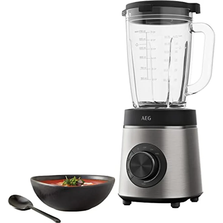 AEG TB6-1-6ST Standmixer / Geschwindigkeitsanpassung / 3 Programme / Smoothie / Crushed Ice / Pulsfunktion / Drehknopf + Tasten / 6-Klingen Edelstahlmesser / 1400W / 1,75l Glaskrug / Edelstahl / grau – Bild 2