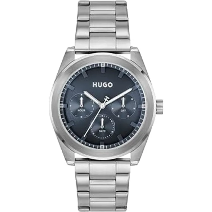 HUGO Multi Zifferblatt Quarz Uhr Herren #Bright Sport, 42mm Edelstahl, blaues Zifferblatt, silbernes Edelstahlarmband, 5 ATM wasserresistent