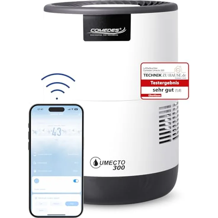 Comedes Umecto 300 Luftbefeuchter für Räume bis 45m², Kaltverdunstung, Tank 2,8 l, Smart-Home fähig, in 3 Farben mit Luftfeuchtigkeitsindikator