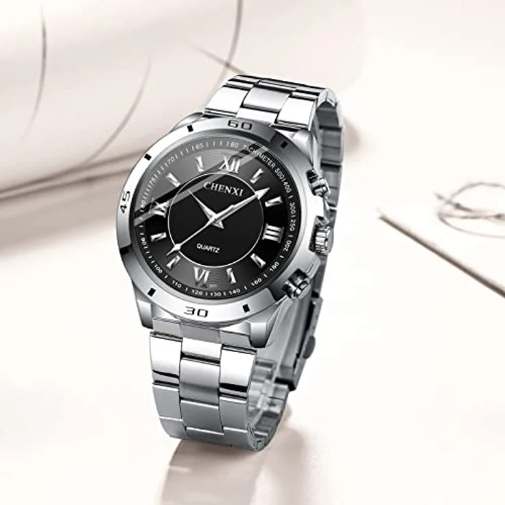 JewelryWe Analog Quarzuhr für Herren, 30M wasserdicht, Edelstahlarmband, römische Ziffern, leuchtende Zeiger, schwarz – Bild 2