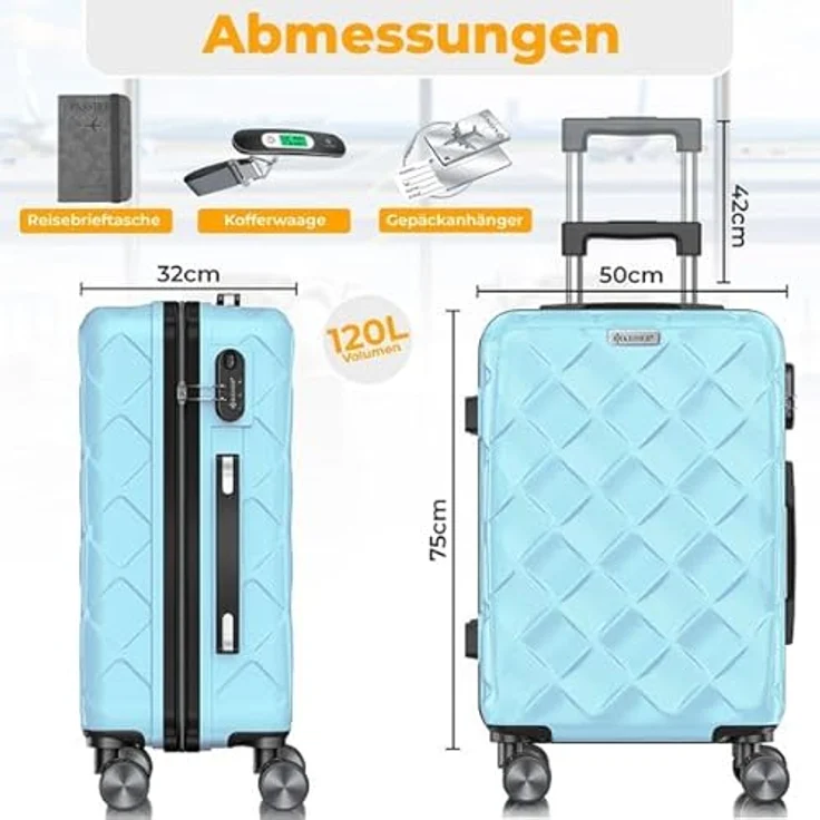 KESSER® Reisekoffer 120L ABS Hartschalenkoffer mit Zahlenschloss, Kofferwaage, Teleskopstange & 360° Rollen, Sky Blue – Bild 2