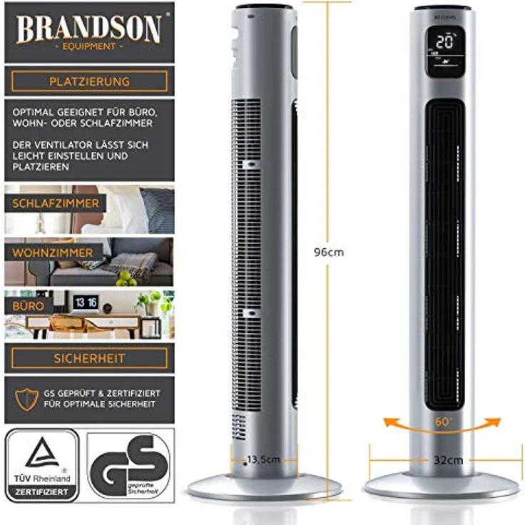 Brandson Turmventilator mit Fernbedienung und Oszilation 60° - Standventilator - Säulenventilator - 96 cm - Ventilator mit 3 Geschwindigkeitsstufen - Modell 2020 GS Zertifiziert - Sterlingsilber – Bild 3