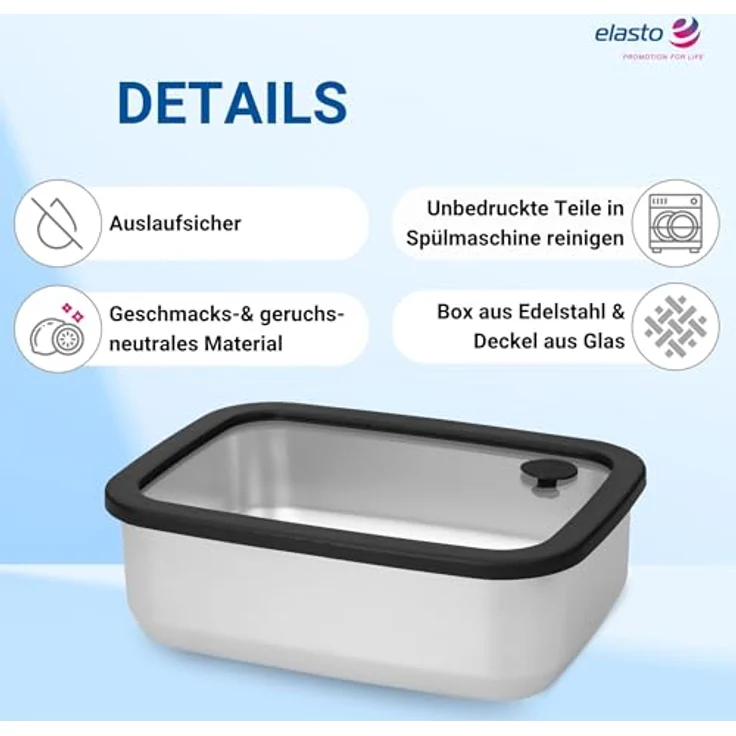 elasto Lunchbox Edelstahl mit Glasdeckel, 1100 ml, auslaufsichere Brotdose für Kinder & Erwachsene, silber/blau – Bild 2