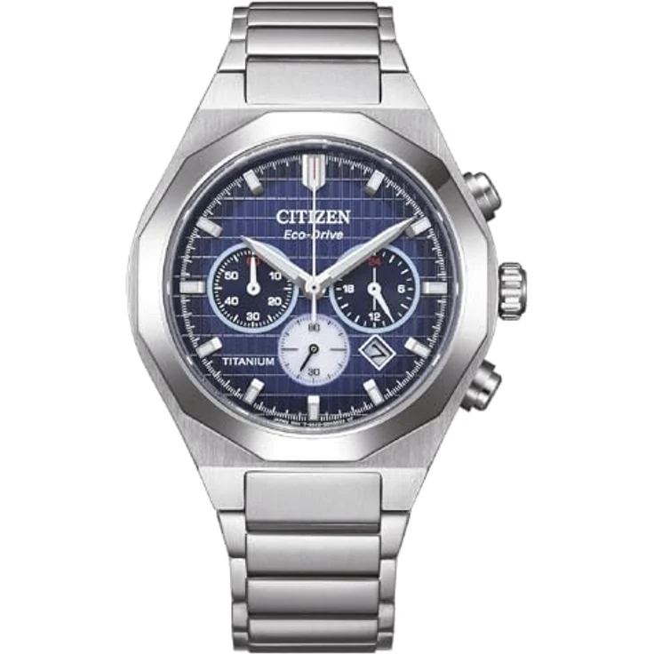 Citizen CA4691-59L Zenshin Senkei Eco-Drive Solar Super Titanium Chronograph, silberfarbenes Gehäuse, blaues Zifferblatt, Gliederband, 10 ATM Wasserdichtigkeit – Bild 1