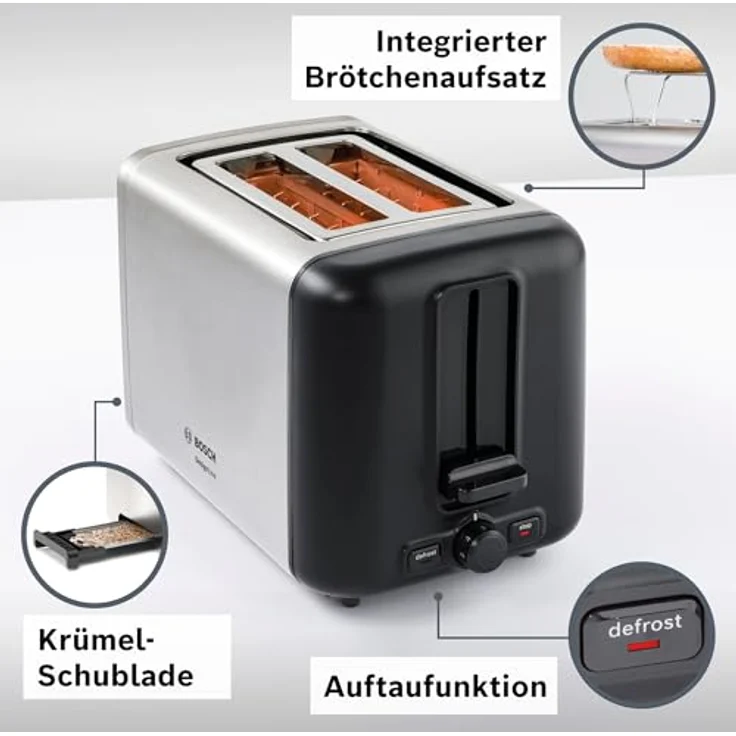 Bosch TAT3P420DE DesignLine Kompakt-Toaster, Auftau-Aufwärmfunktion, versenkbarer Brötchenaufsatz, Abschaltautomatik, 970 W, Edelstahl-schwarz – Bild 2