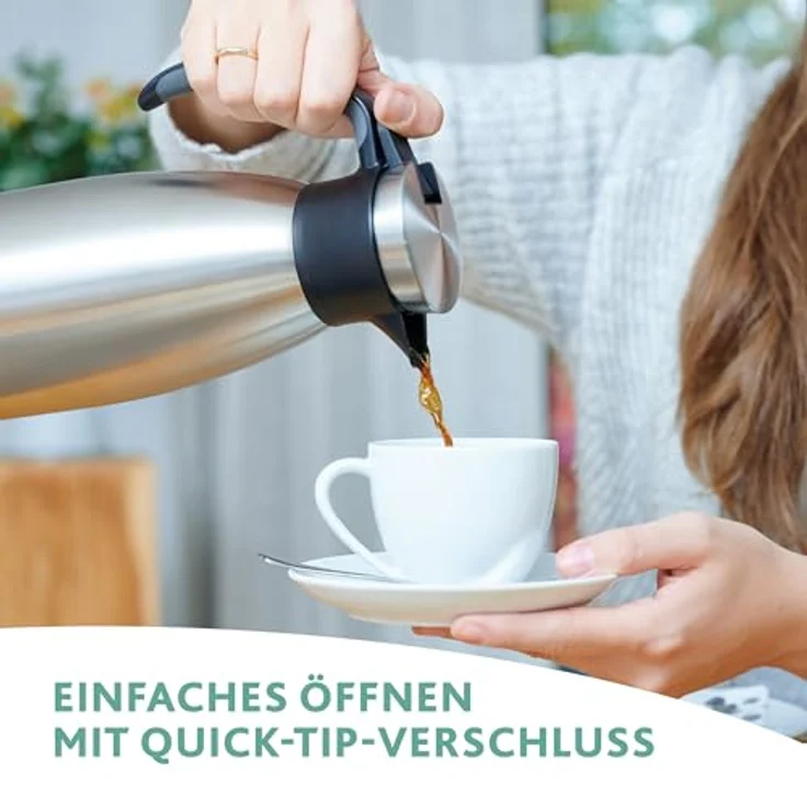 Emsa 512575 Isolierkanne, Edelstahl, 1 Liter, Quick Tip Verschluss, 100% dicht, Grün, Soft Grip – Bild 4