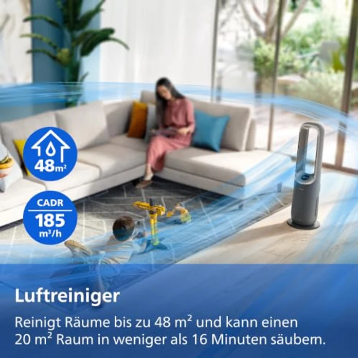 Philips AMF970/10, 4-in-1 Luftreiniger, Ventilator, Heizlüfter, Luftbefeuchter, 2200 Watt, 48 m², 3-Schichten-HEPA-Filtersystem, Anthrazitgrau/Aschgold – Bild 4