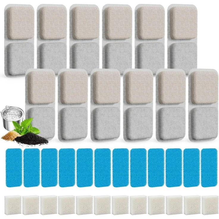 supersuki Katzenbrunnen Filter Ersatzset, 12 Stück für PWF 001 2L Edelstahlbrunnen, vierfachfilternd mit Schwämmen für optimale Wasserqualität