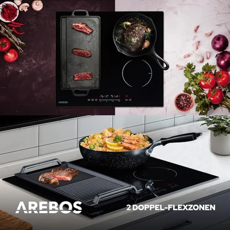 Arebos Induktionskochfeld | 7200 W | 4 Kochfelder mit 2 Flexzonen | 59 cm | Autark | mit Sensor Touch, Timer, Kindersicherung, Überhitzungsschutz, Autoabschaltung – Bild 4