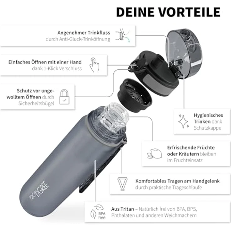 Trinkflasche Wasserflasche Fruchteinsatz 0,5L - BPA-Frei uberBottle 720 DGREE stone gray – Bild 2