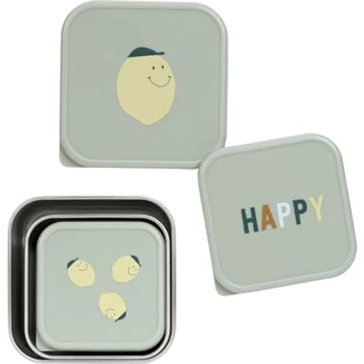 LÄSSIG Lunchbox Happy Fruits, Lemon, 3-tlg. Edelstahl-Set mit praktischen Snackboxen für Schule und unterwegs – Bild 3