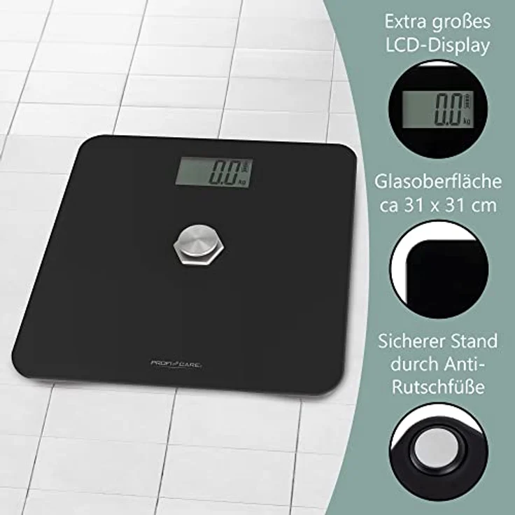 ProfiCare® Personenwaage ohne Batterie, Waage mit Messbereich von 5g – 180 kg und großem LCD-Display, Personenwaage digital mit kinetischer Energie und Glasoberfläche – PC-PW 3112 schwarz – Bild 3