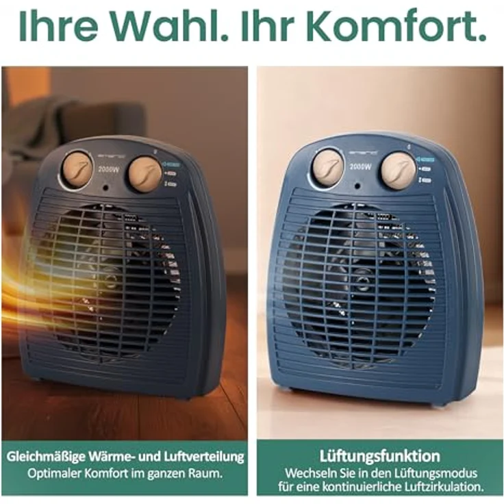 Emerio Heizlüfter FH-106737.12, 2000W Heizgerät für Räume bis 25 m², 2 Heizstufen, Ventilationsfunktion, einstellbarer Thermostat, Sicherheits-Kippschutz, Blau – Bild 7