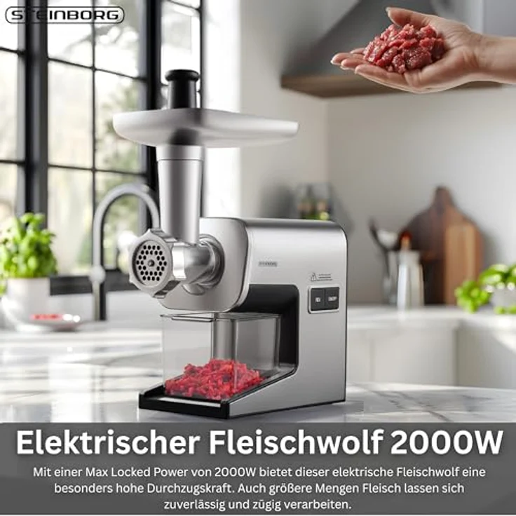 STEINBORG Fleischwolf SB-7080, elektrischer Fleischwolf mit 2000W Leistung, Edelstahl-Komponenten, 2 Geschwindigkeitsstufen, Zubehör inklusive Wurst- und Kebbe-Aufsatz – Bild 2