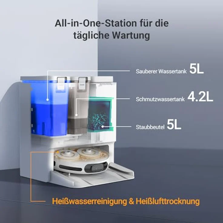 EZVIZ Saugroboter RS20 Pro mit Staubentleerung, Wasserwechsel und 7200 Pa Saugkraft, LDS LiDAR und 3D-Laser Navigation, Teppicherkennung, automatische Moppinstallation, weiß – Bild 2