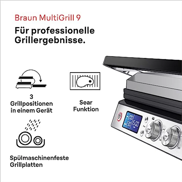Braun MultiGrill 9 CG 9043 Kontaktgrill inkl. Grill- und Flachplatten, Grillpositionen: Kontakt, BBQ, Ofen, Spülmaschinenfeste Platten, Fettauffangschale, 250° Höchsttemperatur, Sear-Funktion (Boost), Schwarz/Edelstahl – Bild 2