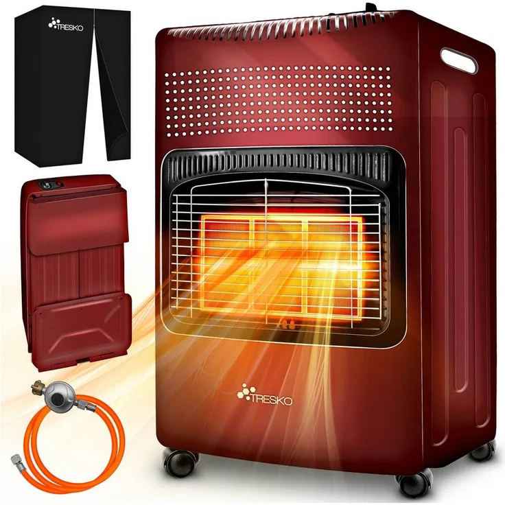 TRESKO Heizstrahler 4200 W Gasheizung + Abdeckung Gasheizer 3 Stufen Gasofen Gasheizofen, Stabiler Stahlgehäuse, 360° Rollen, 15 kg Gasflaschen, 82m² Reichweite, A Energieeffizienzklasse, Blau