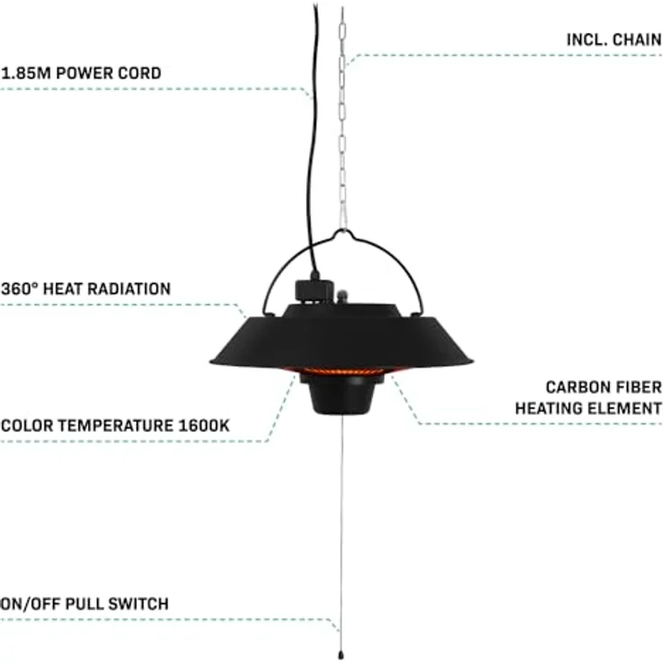 VONROC Heater Ustica, hängender Infrarot Heizstrahler 1500W, mattschwarz, IP44, sofortige Wärme für Terrasse und Balkon – Bild 3