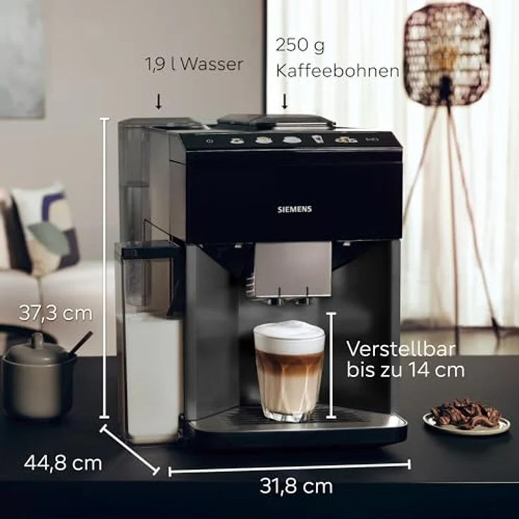SIEMENS Kaffeevollautomat Siemens TQ515D09 Kaffee-Vollautomat mit Milchbehälter, Cappuccino-Funktion, in elegantem Klavierlack schwarz – Bild 2