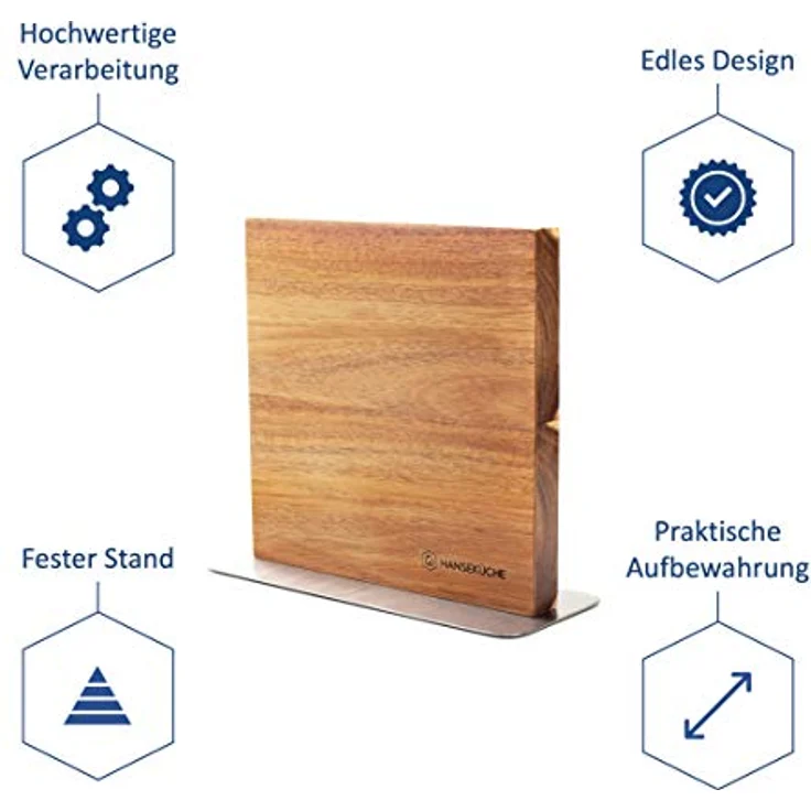 Hanseküche Messerblock magnetisch aus Akazienholz - Doppelseitiger Messerhalter ohne Messer mit Magnet aus Holz Messerbrett beidseitig (Metallboden) – Bild 3