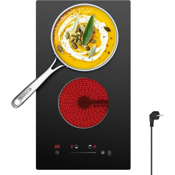 CDV Elektro-Kochfeld 30 cm, Cerankochfeld mit 2 Kochzonen, 3000 W, Touch Control, schwarz, 9 Leistungsstufen, 99-Minuten-Timer, Kindersicherung