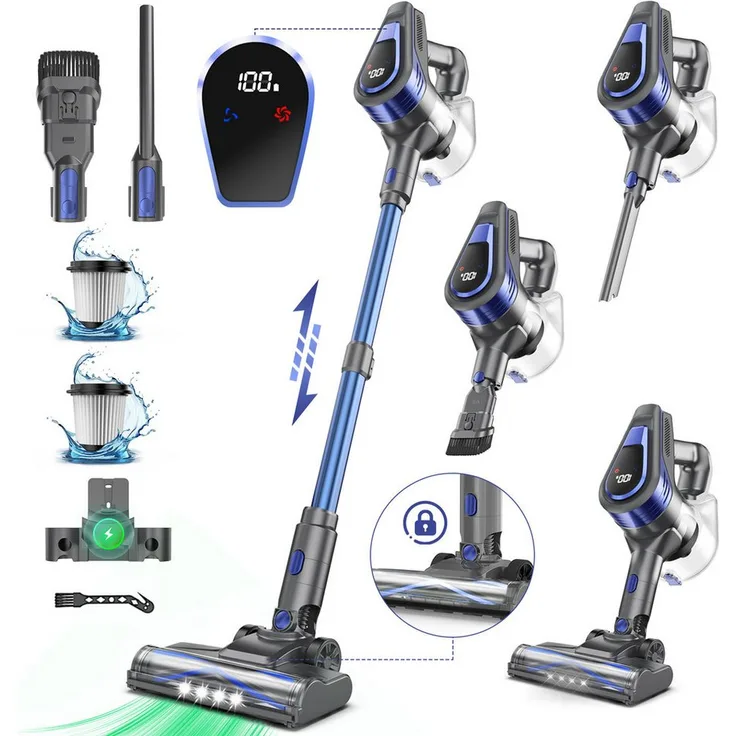 Grenintol Akku-Hand- und Stielstaubsauger 48000Pa, kabellos, 300 W, 6×2600mAh Akku, leiser Betrieb, beutelos, V-förmige Anti-Tangle-Bürste, HD-LED-Display
