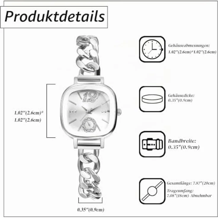 JewelryWe Damenuhr Kleine Quadratische Uhr, Zirkonia Glitzer Analog Quarz, Silber mit kubanischem Metallarmband und Eckigem Zifferblatt – Bild 5