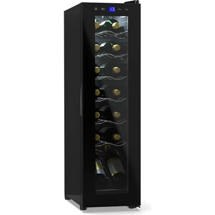 Klarstein Shiraz 14 Slim Uno, Weinkühlschrank für 14 Flaschen, 5 - 18 °C, Touch-Control, kompakt, verchromte Regale