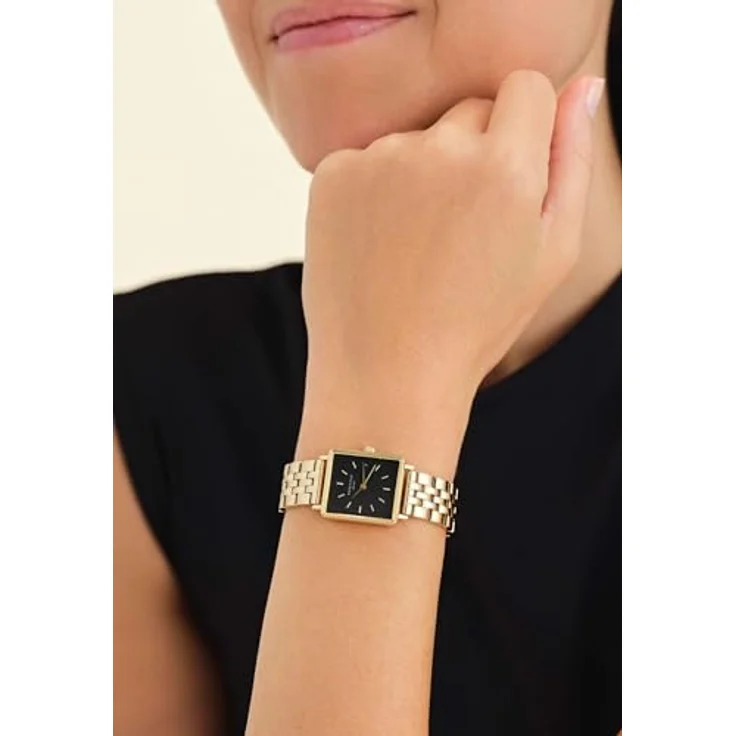 Rosefield The Boxy XS, Damenuhr mit quadratischem Gehäuse, schwarzem Zifferblatt und goldenem Edelstahlband, 22x24 mm, wasserdicht bis 3 ATM, austauschbare Uhrenbänder – Bild 3