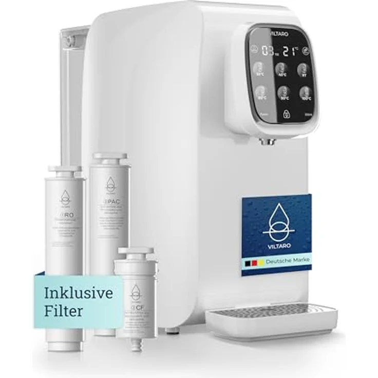 VILTARO Osmoseanlage Trinkwasser weiß, 5-stufiges Filtersystem, 6 Temperaturstufen, mobil | Umkehrosmoseanlage | Kalkfilter | Trinkwasserfilter – Bild 1
