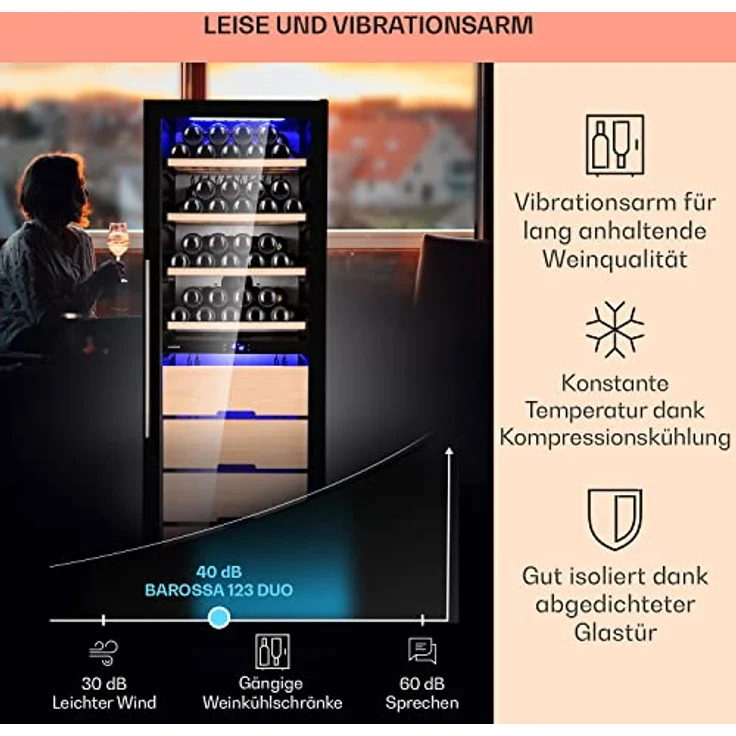 Klarstein Weinkühlschrank, 2 Zonen Kühlschrank mit Glastür, Klein, UV-Schutz, 5-18°C, 123 Flaschen – Bild 4
