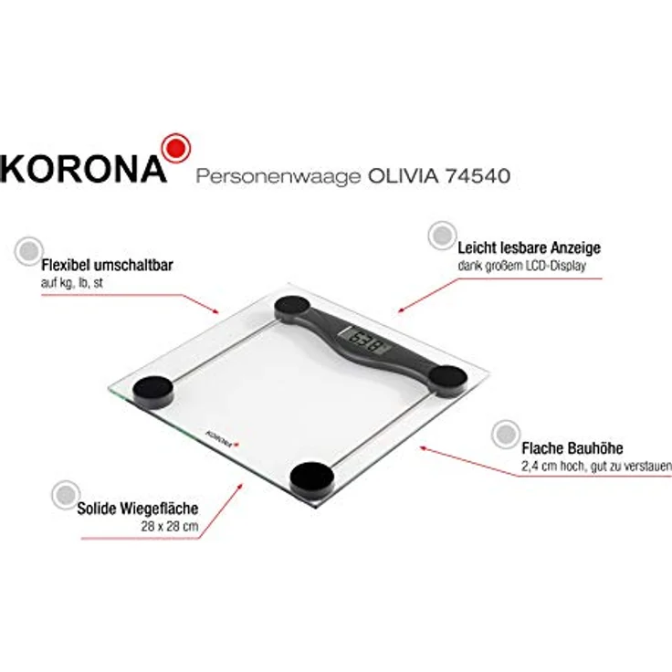 Korona 74540 Olivia Glas-Personenwaage, solide und stabile Bauweise, schwarz, digital 180 kg Tragkraft, 100 Gramm Einteilung – Bild 4