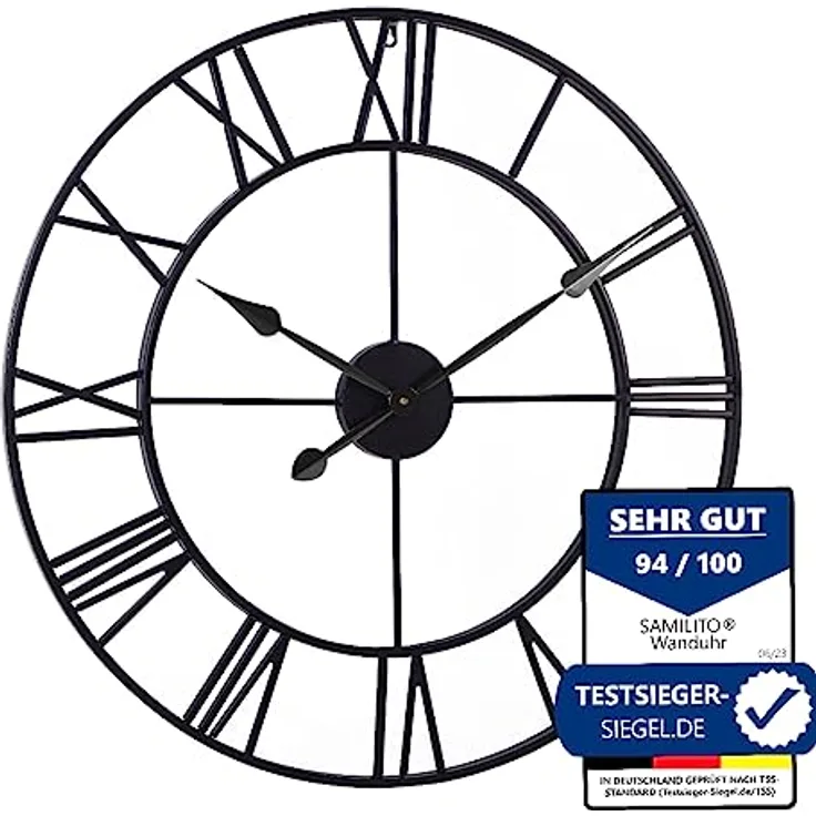 Samilito Große Wanduhr im Vintage-Stil, rund, geräuschlos, schwarz. Gratis dazu EIN Extraset Uhrzeiger in Gold. Die Metalluhr für Loft, Wohnzimmer, Schlafzimmer und Küchendekoration (Schwarz). (76cm)