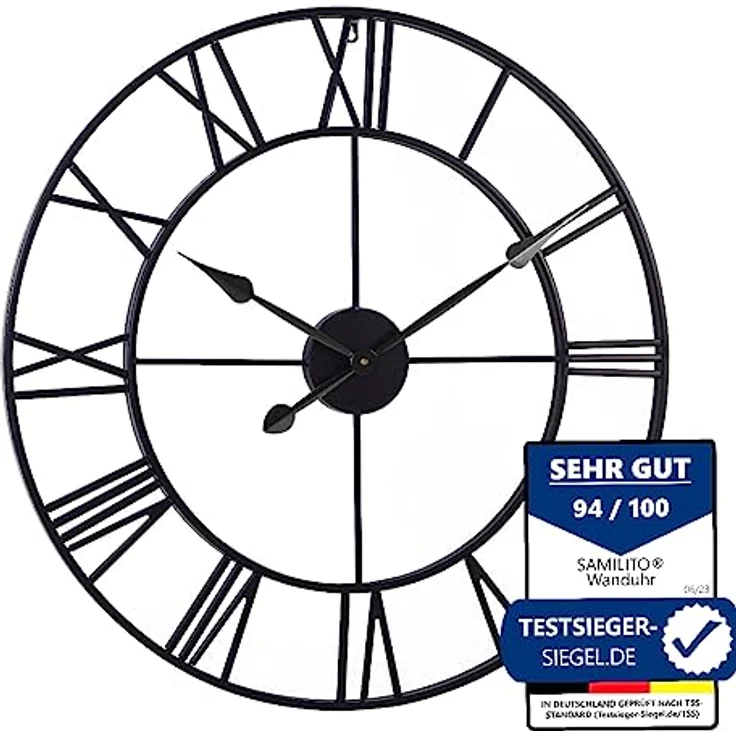 Samilito Große Wanduhr im Vintage-Stil, rund, geräuschlos, schwarz. Gratis dazu EIN Extraset Uhrzeiger in Gold. Die Metalluhr für Loft, Wohnzimmer, Schlafzimmer und Küchendekoration (Schwarz). (76cm) – Bild 1