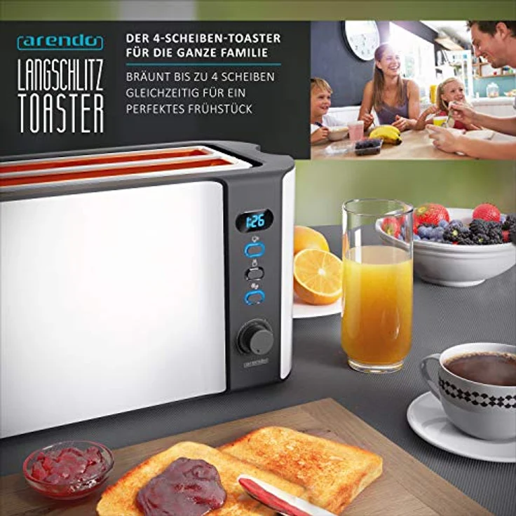 Arendo Edelstahl Toaster Langschlitz 4 Scheiben - Defrost Funktion - wärmeisolierendes Gehäuse - mit integrierten Brötchenaufsatz - 1500W - Krümelschublade - Display mit Restzeitanzeige - weiß matt – Bild 6