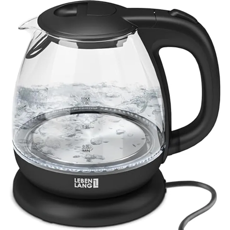 LEBENLANG Wasserkocher LEBENLANG BPA-freies Glas 1 Liter mit 1800-2200W, kompakt und leise für Camping und Reisen, inklusive Kalkfilter und automatischer Abschaltung