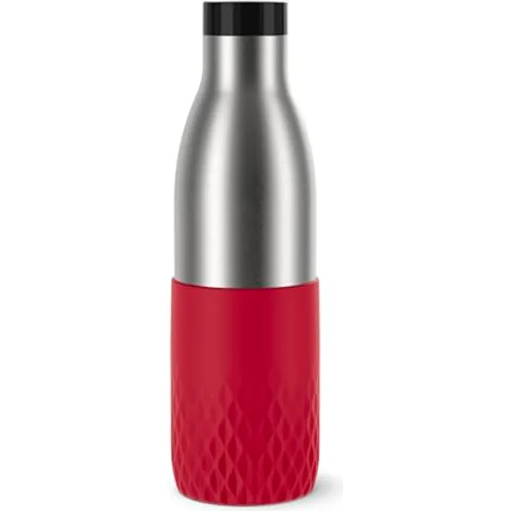 Emsa Bludrop Sleeve Isolier-Trinkflasche, 0,7 Liter, 100% dicht, Quick-Press Verschluss, 12h warm, 24h kühl, Edelstahl, Dunkelrot, spülmaschinenfest, N31128