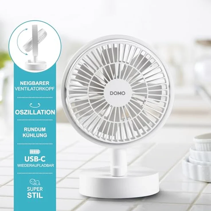 Domo Mini Camping Ventilator, tragbarer Akku-USB Ventilator, leise, oszillierend, 10 Geschwindigkeiten, 8 Stunden Akkulaufzeit, abnehmbares Schutzgitter – Bild 2