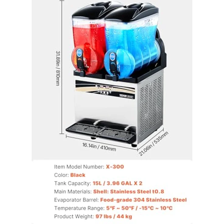 VEVOR Frozen Drink Maker X-300, 15 L x 2 Slush-Maschine mit Edelstahl-Gehäuse, tropfsicherem Wasserhahn und abnehmbarer Tropfschale, schwarz – Bild 6