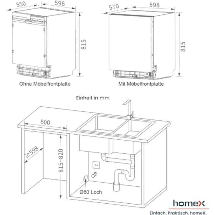 homeX DWFI601449E Geschirrspüler vollintegriert, 60 cm, 14 Maßgedecke, 6 Programme, leise mit 49 dB, Energieeffizienzklasse E – Bild 5
