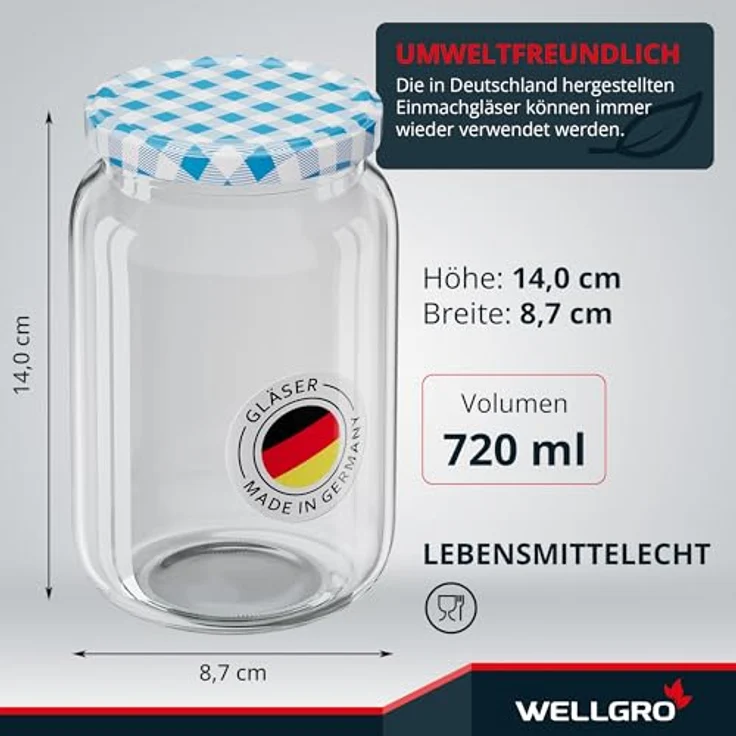WELLGRO 6x Einmachgläser mit Schraubdeckel, 720ml, blau kariert To 82, Made in Germany, luftdicht, spülmaschinengeeignet, ideal für Vorratshaltung und kreative Projekte – Bild 2
