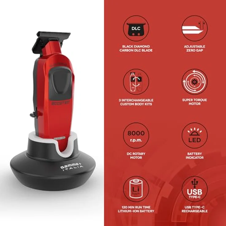 GAMMA+ Boosted Trimmer Professioneller Herren-Haarschneider, Bartschneider mit Drehmotor 8.000 U/min, 120 Minuten kabellose Laufzeit, verstellbare Klinge 0 Gap, 3 Abdeckungen in Gold, Rot und Schwarz – Bild 2