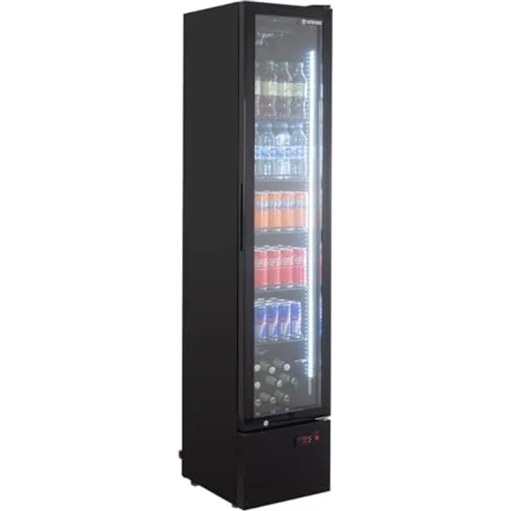 GastroHero Getränkekühlschrank GKS-160 Slim, abschließbarer Flaschenkühlschrank mit Glastür & LED-Beleuchtung, schwarz, 160 Liter, 200.3 cm hoch, 44.8 cm breit