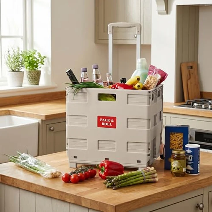 Relaxdays Einkaufstrolley, zusammenklappbar, Einkaufswagen mit Rollen, beige, hohe Traglast bis 35 kg, Teleskopgriff – Bild 3
